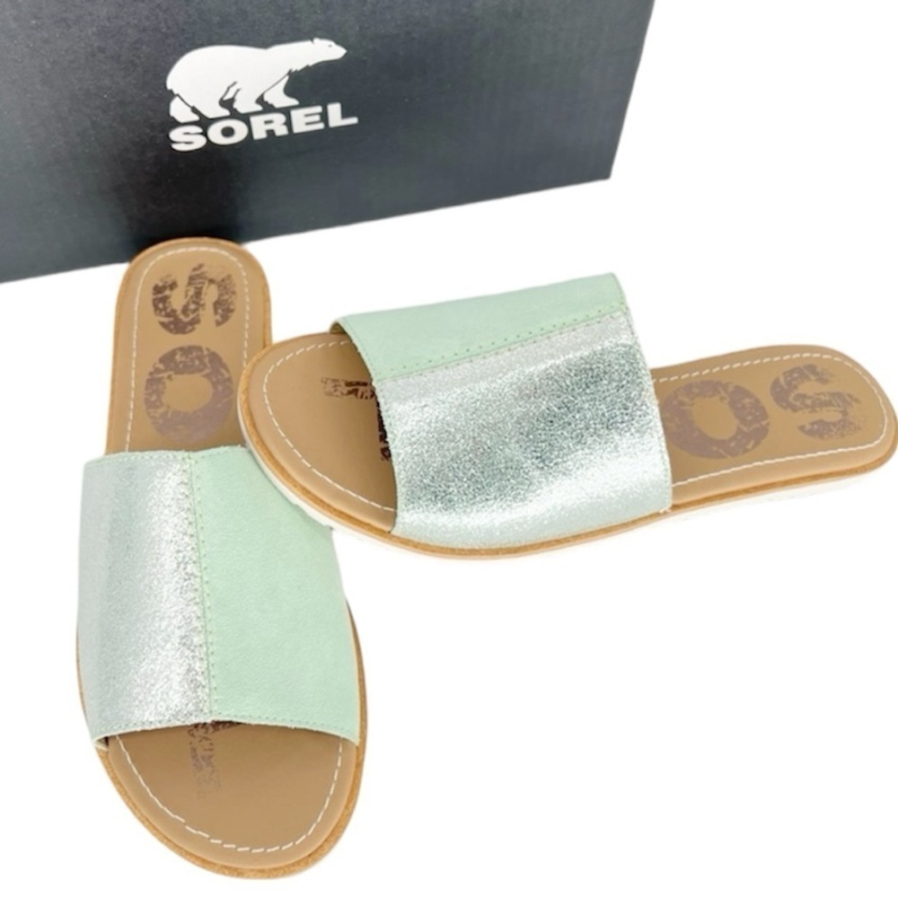 Sorel Women's Ella Block Slides Sandals Vivid Mint Gray Size 9.5 New in Box